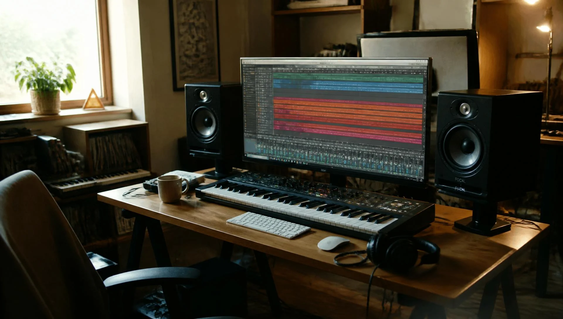 Home music production studio with monitors, MIDI keyboard and DAW